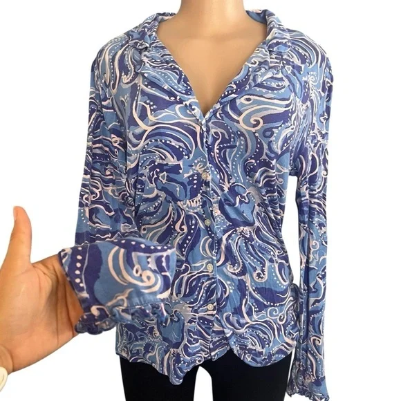 Lilly Pulitzer PJ Button Front Knit Ruffle Top Blue - Picture 8 of 10